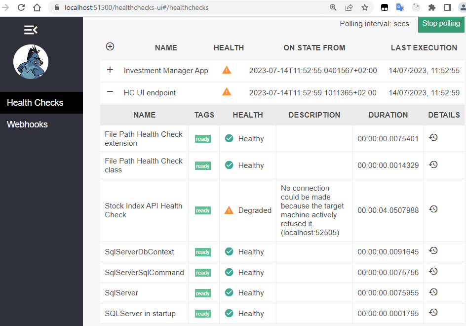 Health check results with Degraded status